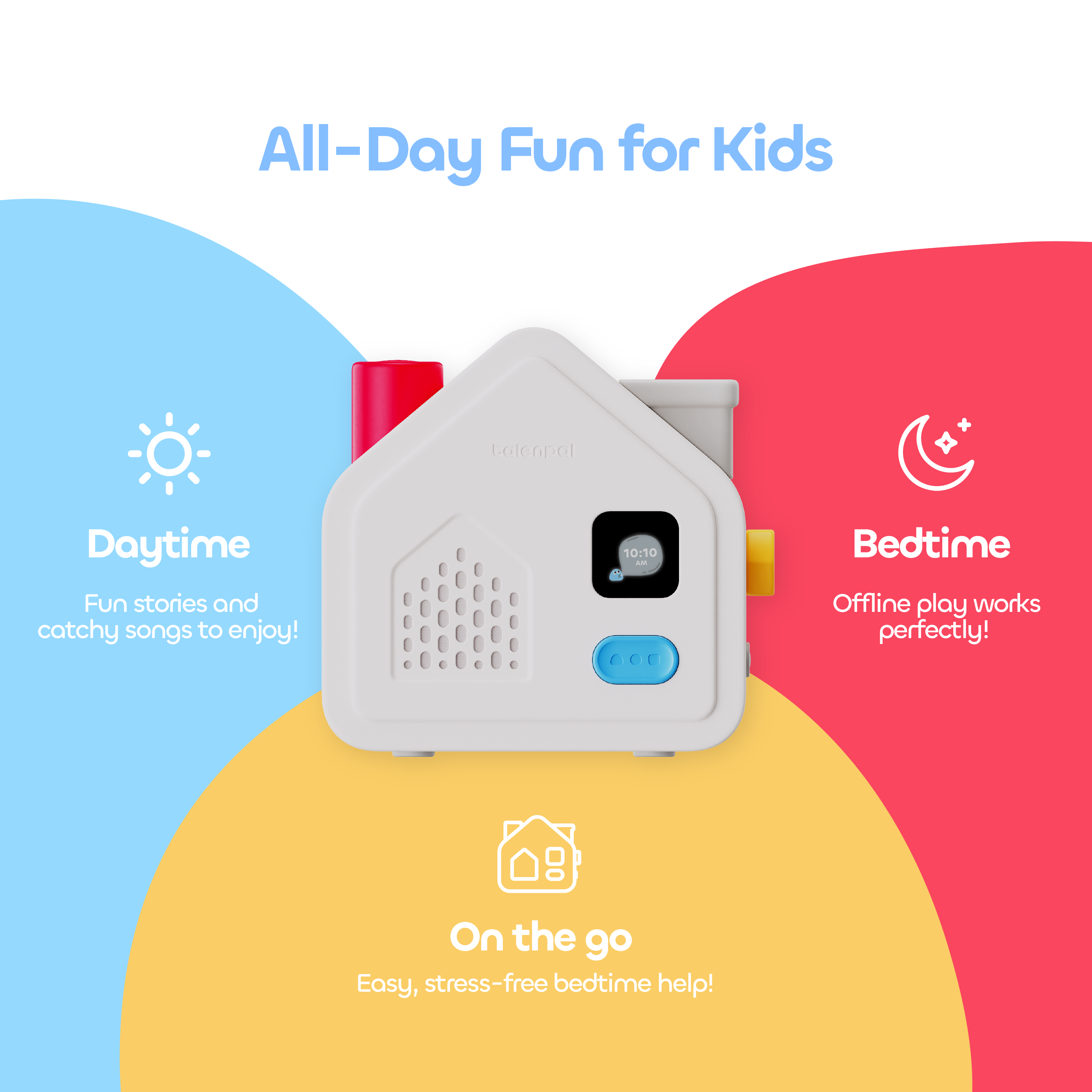 kids audio player indicating its use for daytime, bedtime, and on-the-go activities.